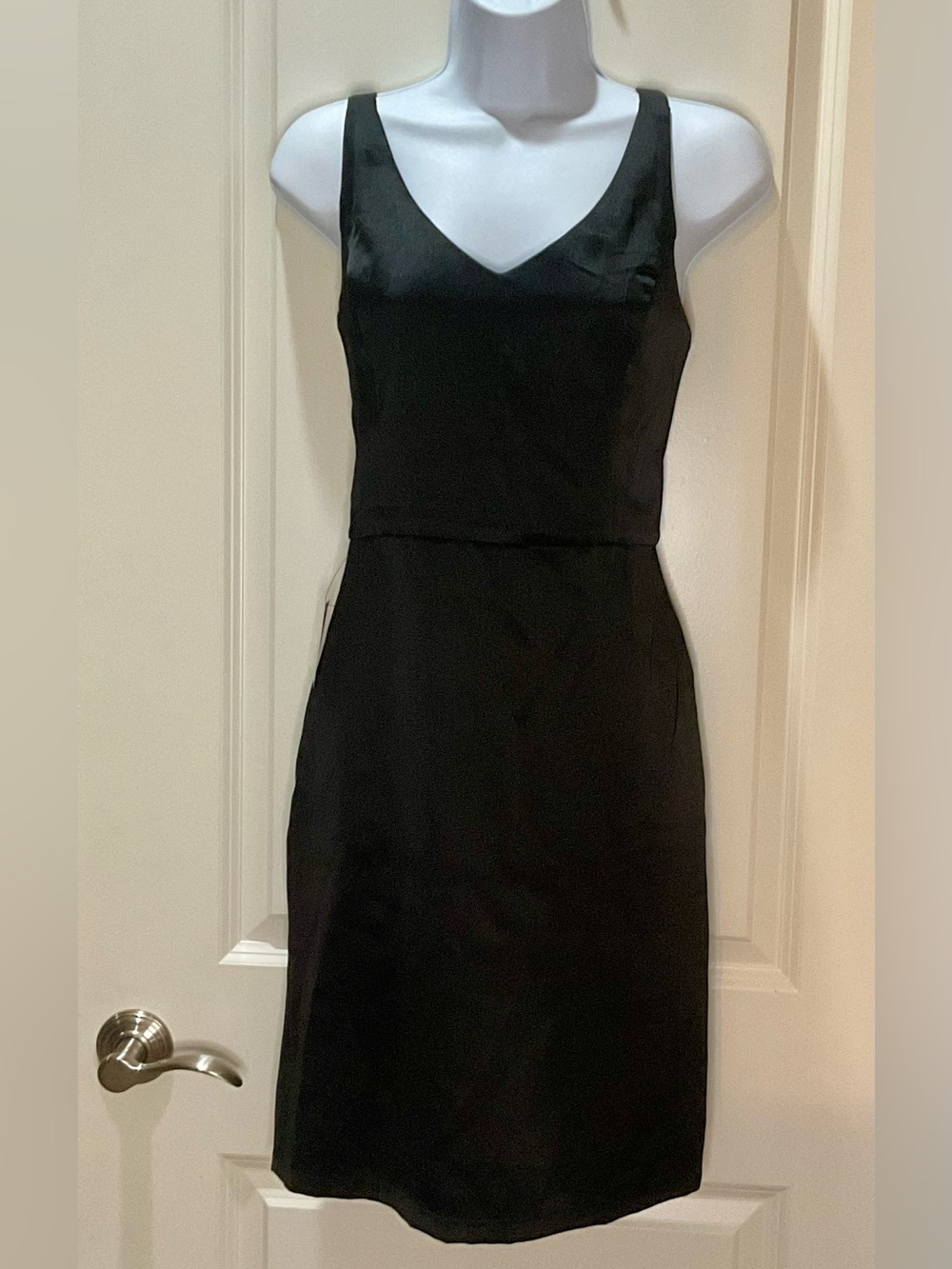 Bebe NWT Black Cocktail Dress Prada Twill Gold Zipper Back Satin Finish Size M